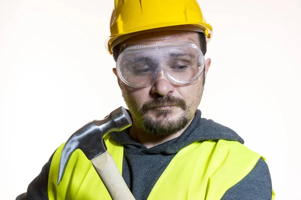 Mężczyzna Ubrany Kask Żółty Konstruktora Okularów Ochronnych Które Gotowe Rozpoczęcia — Zdjęcie stockowe