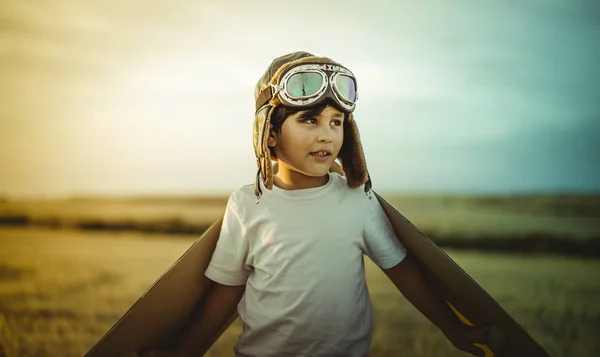 Niño Feliz Jugando Con Alas Juguete Contra Fondo Del Cielo — Foto de Stock