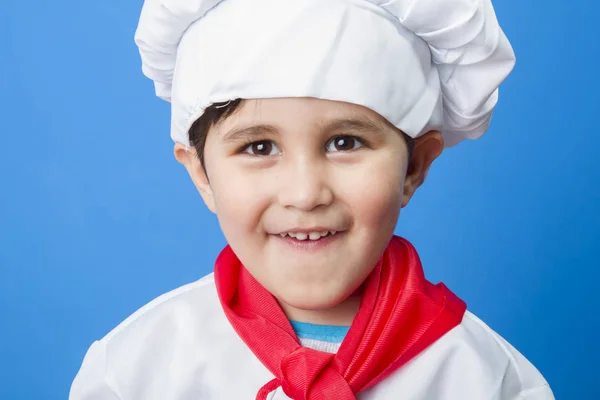 Petit Garçon Costume Cuisinier Sur Fond Bleu — Photo