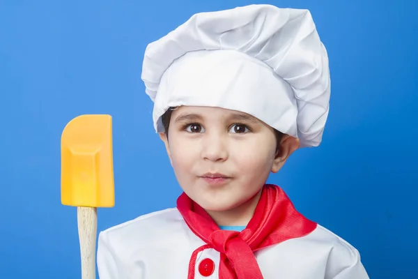 Kleine Jongen Een Pak Van Kok Blauwe Achtergrond — Stockfoto