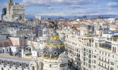 Gran Via 'nın panoramik hava manzarası, Madrid' in ana alışveriş caddesi, İspanya 'nın başkenti, Avrupa.