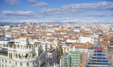 Gran Via 'nın panoramik hava manzarası, Madrid' in ana alışveriş caddesi, İspanya 'nın başkenti, Avrupa.