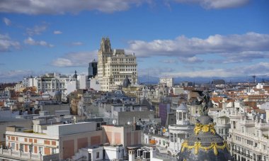 Metropolis, Gran Via, Madrid, İspanya, Europe sermaye ana alışveriş caddesi, panoramik havadan görünümü.