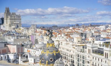 Metropolis, Gran Via, Madrid, İspanya, Europe sermaye ana alışveriş caddesi, panoramik havadan görünümü.