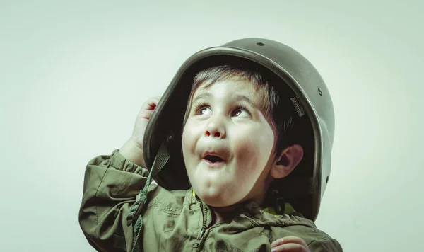 Cute Little Toddler Boy Playing Home Playing Wars Peace Funny — Stock Photo, Image