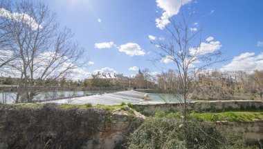 Tajo Nehri'nin Aranjuez Palace yanında. ördek ve kazlar ile şelaleler