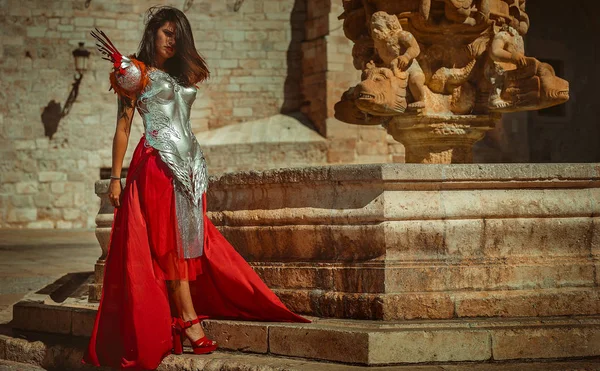 Ortaçağ Güzel Esmer Kadın Tanrıça Savaşçı Altın Bakır Korse Giymek — Stok fotoğraf