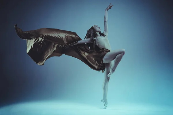 Balletdanseres Met Indiase Veren Een Grote Bruine Weefsel Wind Inname — Stockfoto