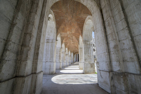 Unesco Old arcs, architecture. A sight of the palace of Aranjuez (a museum nowadays), monument of the 18th century, royal residence  Spain.