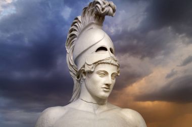 Statue of ancient Athens statesman Pericles. Head in helmet Greek ancient sculpture of warrior. clipart