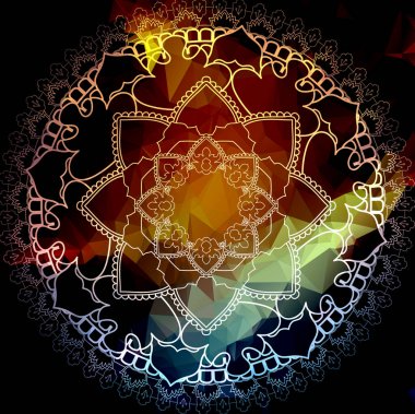 Yoga Mandala. Vintage dekoratif öğeler. Oryantal desen, düşük Poli arka plan üzerinde. Renkli kitap sayfası