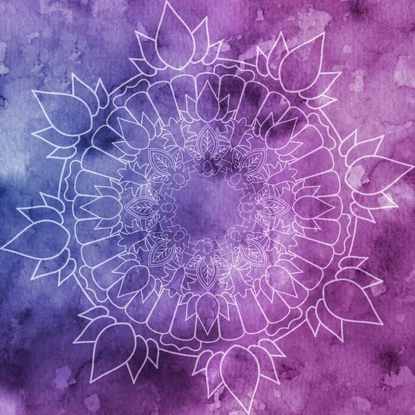 Meditation Mandala Über Buntem Aquarell Schönes Rundes Vintage Muster Abstrakter — Stockfoto