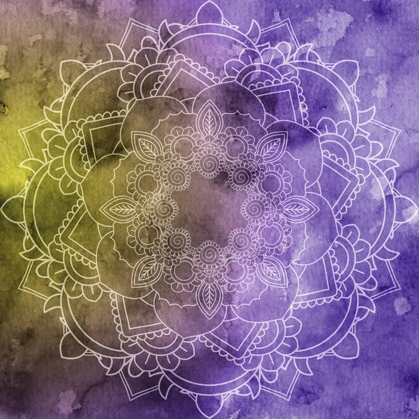Mandala Über Buntem Aquarell Schönes Rundes Vintage Muster Abstrakter Hintergrund — Stockfoto
