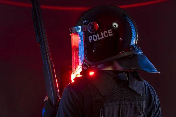 Policier Avec Tout Équipement Pour Émeute Forces Ordre Uniforme Protection — Photo