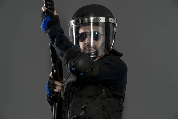 Garde Policier Avec Tout Équipement Pour Émeute Application Loi Uniforme — Photo