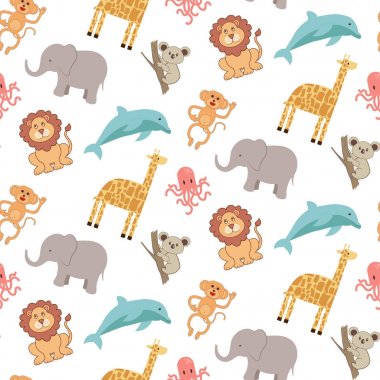 Hayvanlarla şirin seamless modeli: fil, zürafa, aslan, maymun, koala, Yunus ve ahtapot.
