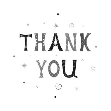 Yazılı vektör illüstrasyonu. Beyaz ve siyah renkte teşekkür ederim. Şablon tebrik kartı, tasarım Şükran Günü için selamlama ve teşekkür kartları veya afiş için alışveriş poşeti baskısı şablonu.