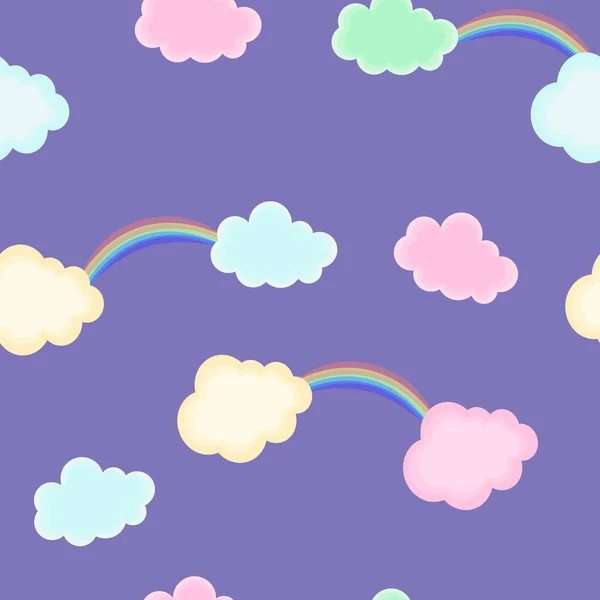 Vector Naadloos Patroon Met Wolken Regenboog Paarse Achtergrond Voor Stof — Stockvector
