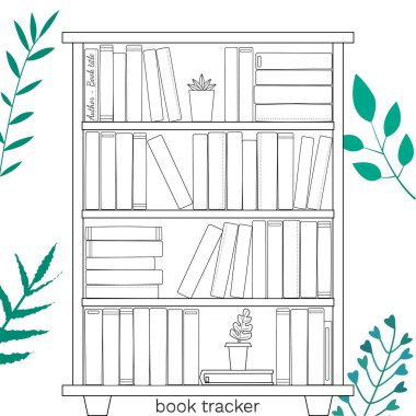Beyaz arka planda kitaplığı olan yazdırılabilir kitaplık için vektör illüstrasyonu. Günlük sayfası için minimalist planlayıcı, alışkanlık takip cihazı, günlük planlama şablonu, boş defter. A4 kağıt sayfası.
