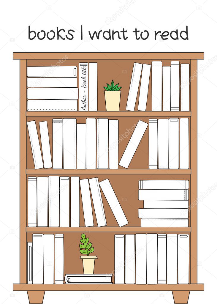 Vector illustration for printable with bookcase on white background. Minimalist planner of reading for journal page, habit tracker, daily planner template, blank for notebook. A4 paper sheet.