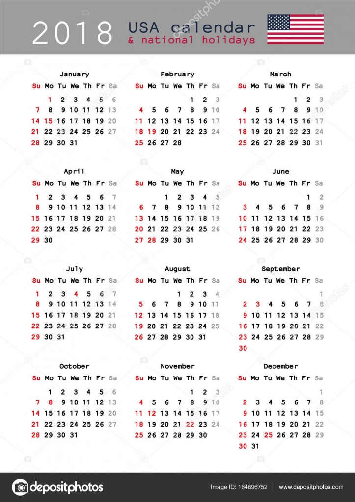 Calendario de Estados Unidos 2018 — Archivo Imágenes Calendario de Estados Unidos 2018 — Archivo Imágenes