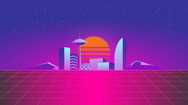 Sentetik dalga neon şehir ve dağlar 80 'ler tarzı