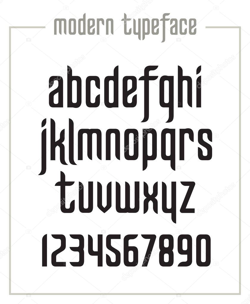 Modern condensed sanserif narrow font and numercials in vector format