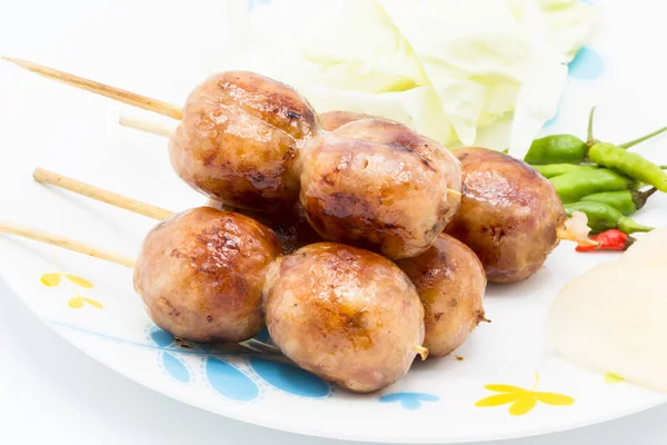 Sai Aua (Notrhern Thai Spicy Sausage), Grilled sausages on a dis — Stock Photo, Image