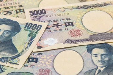 birçok türü Japonya banknotların arka plan, yen para yığını.