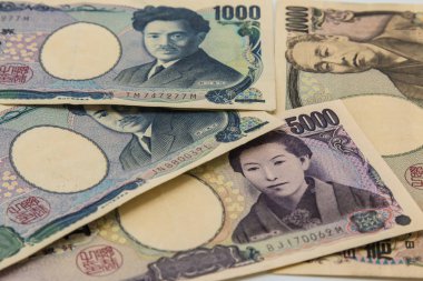 birçok türü Japonya banknotların arka plan, yen para yığını.