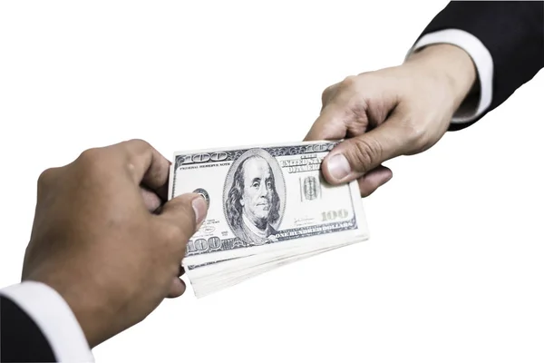 Ruční příjem peněz dolar z ruky podnikatel. izolované na bílém pozadí — Stock fotografie