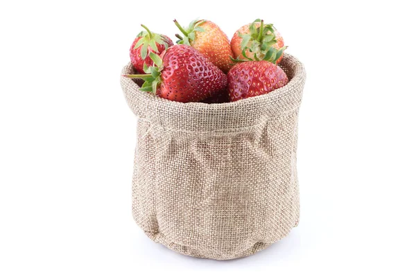 Nahaufnahme frischer Erdbeeren Früchte in Kletterbeutel isoliert auf weißem Hintergrund. Obst und gesundes Konzept. Selektiver Fokus — Stockfoto
