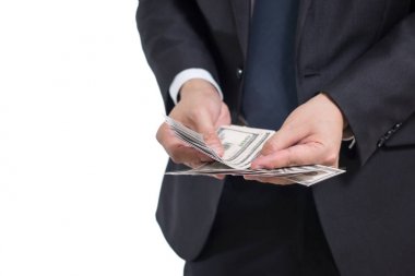İşadamı çalışma, bonus, büyük miktar, yatırım, sonra yığın para hundread dollas banknotlar, güveniyor parası, Komisyon ücreti, oyun hisse senedi, rutin.