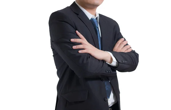 Closeup Retrato Midsection do empresário moderno usar terno preto. De pé de braços cruzados. isolado em fundo branco. Conceito de sucesso de negócios, Confiante, Inteligente, Profissional — Fotografia de Stock