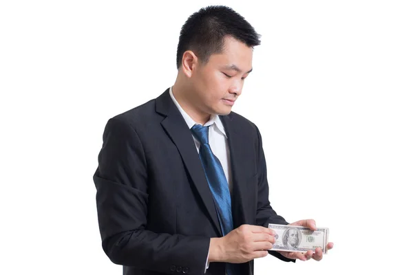 Portrét důvěru mladé asijské podnikatel při pohledu na pravou stranu. Ruce, počítání dolarové bankovky, ruce počítání nás dolarové bankovky izolovaných na bílém pozadí. Obchodní koncept — Stock fotografie