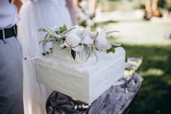 A bride and a groom is cutting their beautiful wedding cake. nicel light. wedding concept — Stock Photo, Image