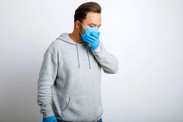 Portrait Man Wearing Face Mask Coughing Fever Isolated White Wall — Stock Photo, Image