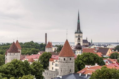 Şehir manzarası ile kırmızı çatılar eski şehir ve steeples yaz gününde döşeli Tallinn, Estonya