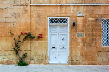 Kırmızı Bougainvillea 'nın kıvrımlı dallı eski ortaçağ binasının sarı kireçtaşı duvarında beyaz vintage kapı..
