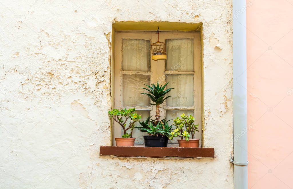 Picturesque window with vintage lace curtains, flower garden and artificial bird cage in a small Malta town Senglea on a summer day.