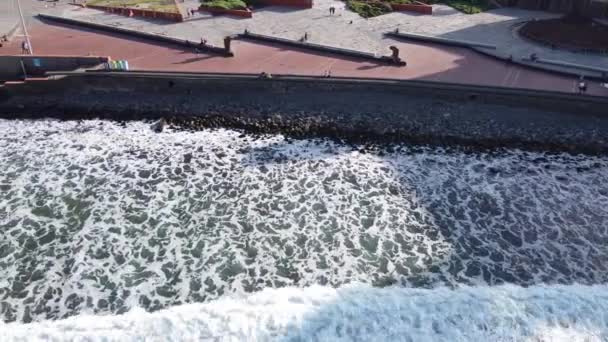 Drone Video Las Canteras Beach Big Waves View Ocean — Stock Video