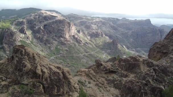 Rotsen Uitzicht Vallei Luchtfoto Bossen Lucht Buurt Van Roque Nublo — Stockvideo