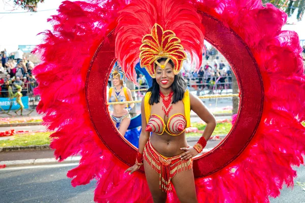 Niza, Francia - 20 de febrero de 2016: Participantes en el desfile de carnaval de Niza. Carnaval de Niza - Roi de Media (Rey de los Medios ) — Foto de Stock