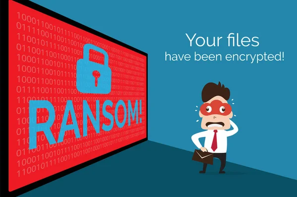 Ilustracja biznesu, którym dane zostały zaszyfrowane przez okup ware, chcesz płakać malware koncepcja. — Wektor stockowy