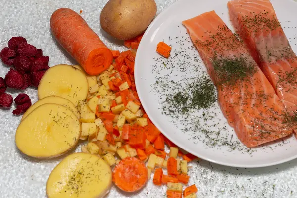 Лососева страва з картоплею та морквою — стокове фото