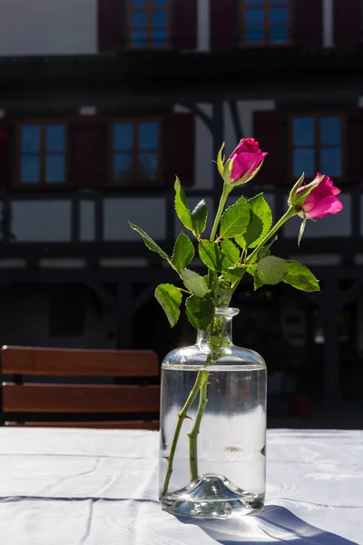 roses decoration in restaurant garden on a table in bottle