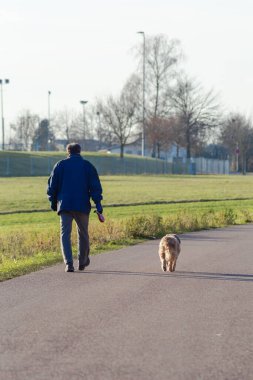 Güney Almanya 'da güneşli bir öğleden sonra köpeğiyle gezen bir adam.