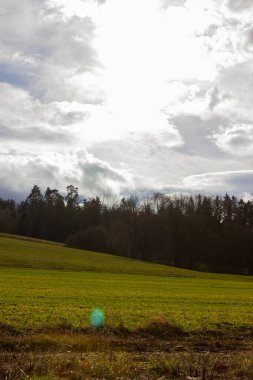 Güney Almanya kırsalında yeşil bir tarlada fırtınalı bulutlu bir gökyüzü