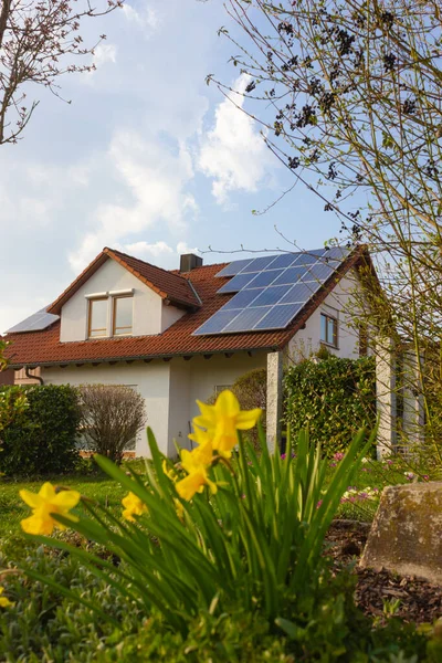 Azotea Con Paneles Solares Flores Amarillas Sur Alemania Primavera Día —  Fotos de Stock