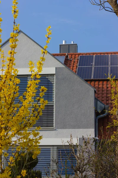 Azotea Con Paneles Solares Flores Amarillas Sur Alemania Primavera Día —  Fotos de Stock